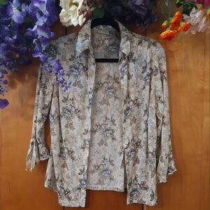 Cream, Beige, and Blue Floral and Paisley Women's Soft Button Down Shirt
